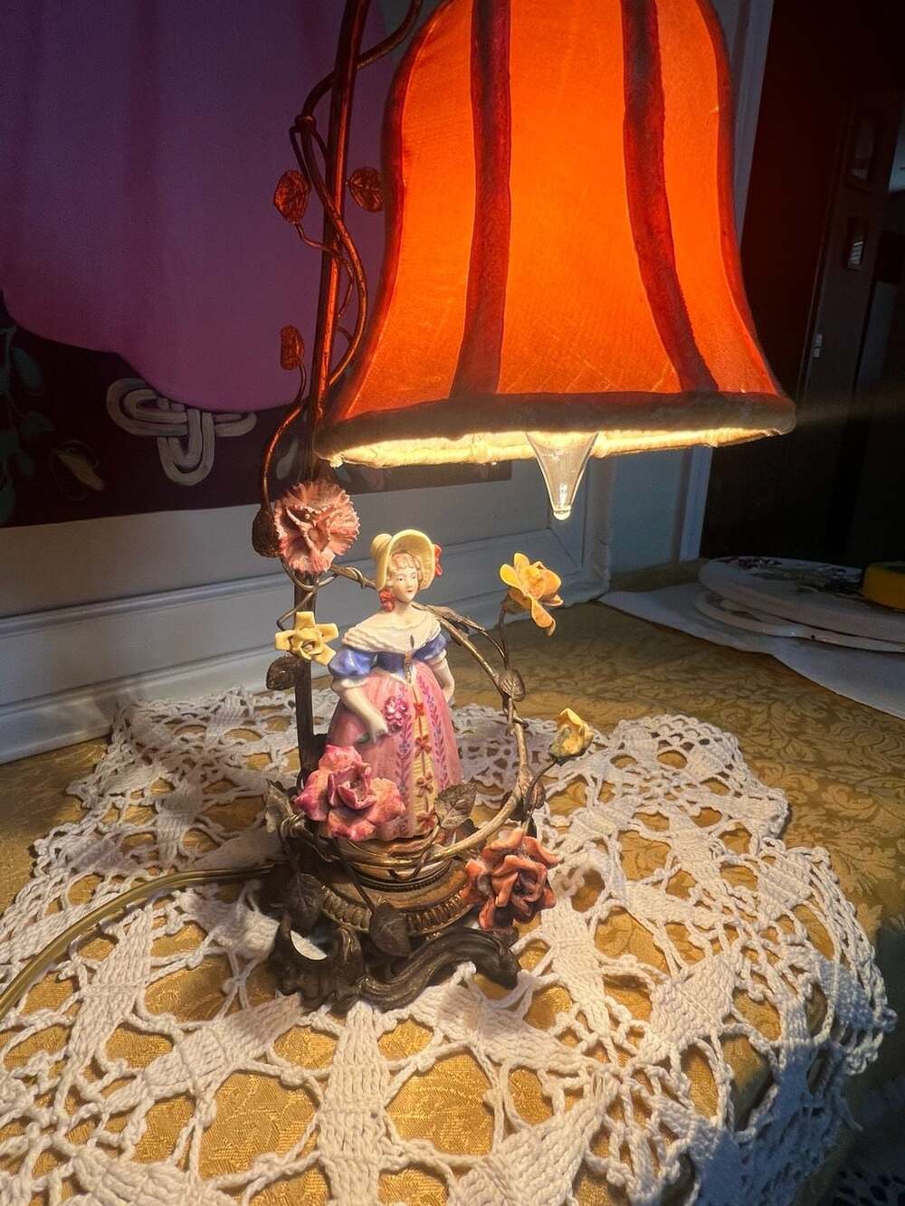 Vintage Victorian Lady Porcelain Figural Boudoir Table Lamp with Floral Iron Bas